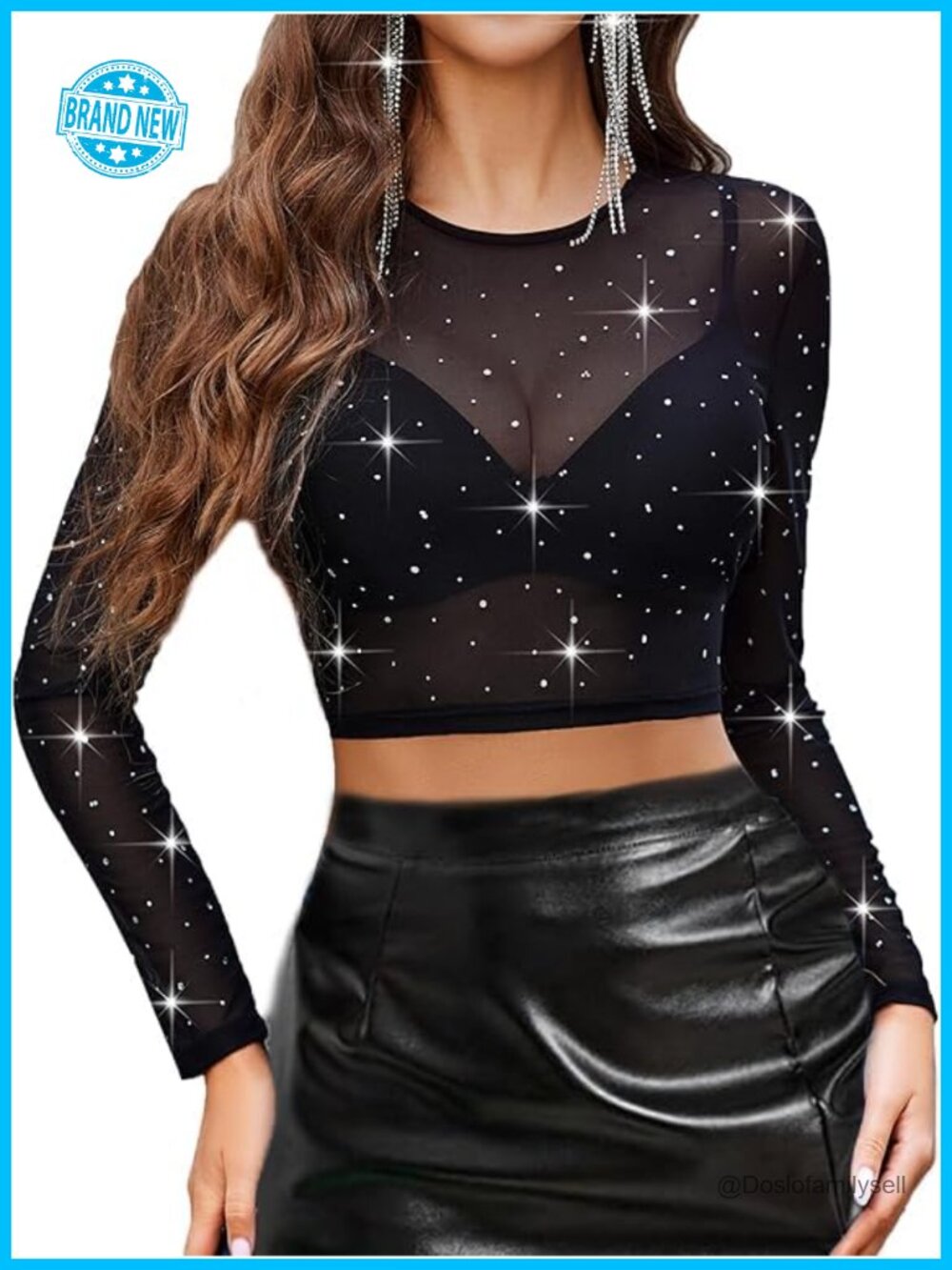 Sparkly Rhinestone Mesh Top Long Sleeve Sheer Crop Party Going Out